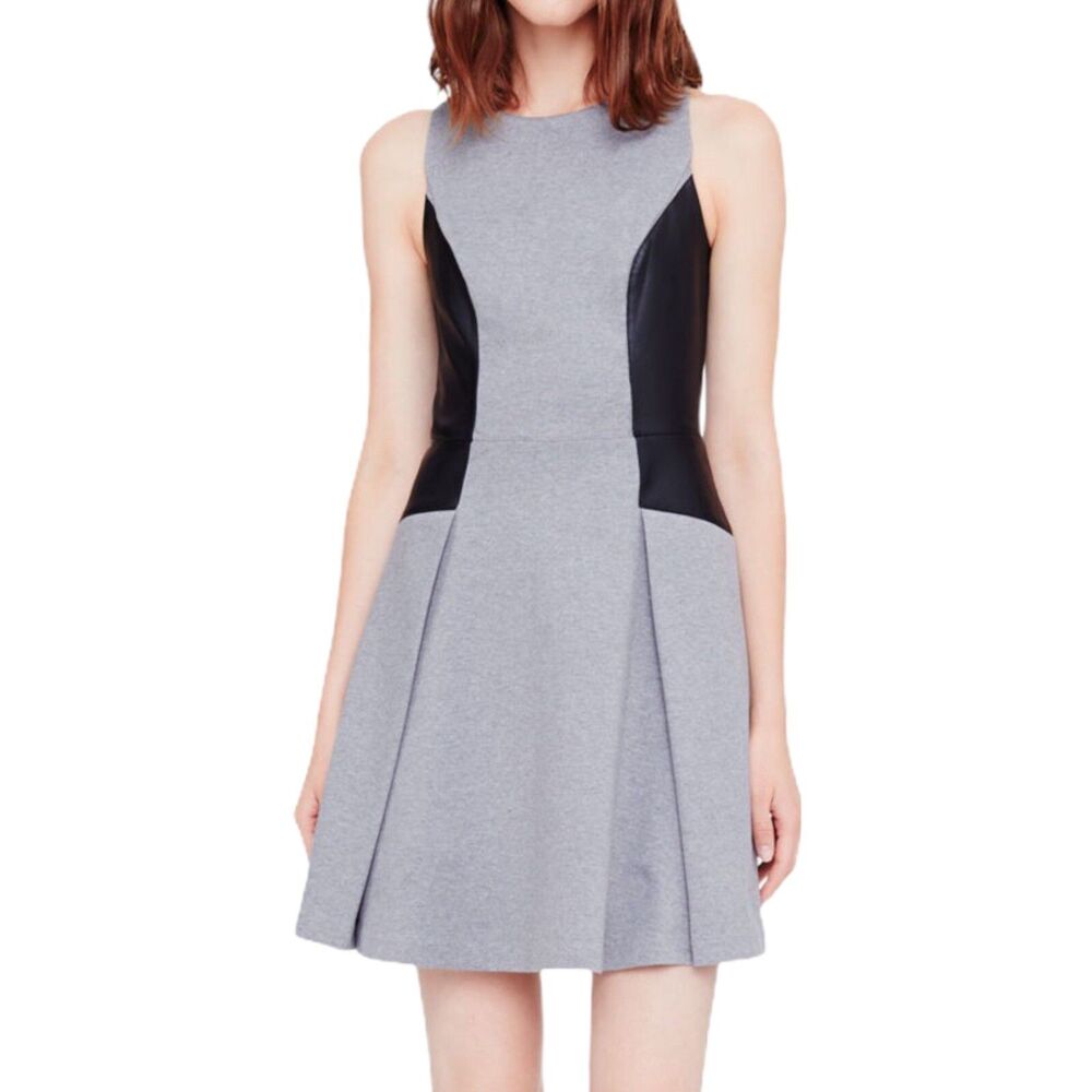 Club Monaco Janine Heather Gray Black Leather Trim Flare Sleeveless Dress Sz 00